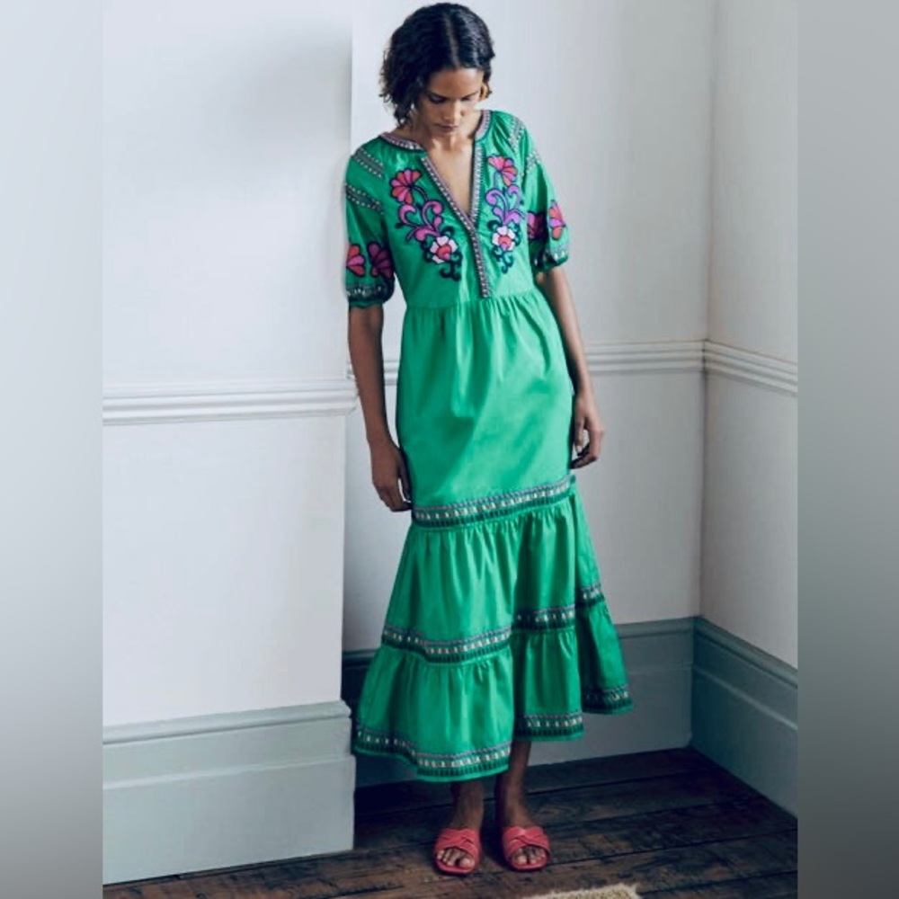 Natalie Embroidered Maxi Dress, Emerald Green Cotton - Boden size 12